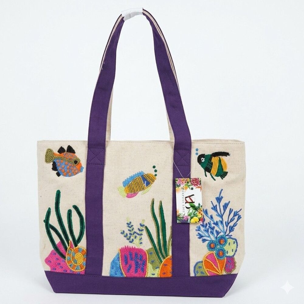 America & Beyond Under The Sea Beaded Canvas Tote Bag Purple Resort Beach